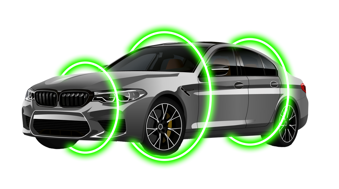 A bmw m5 is surrounded by green lights on a white background.