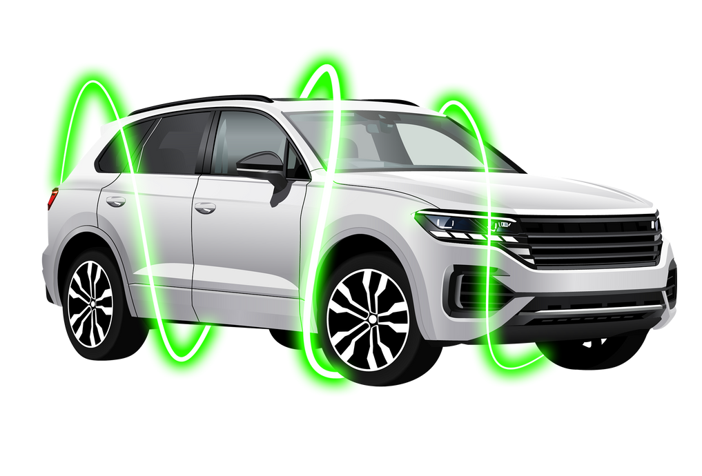 A white suv with green lights around it on a white background.