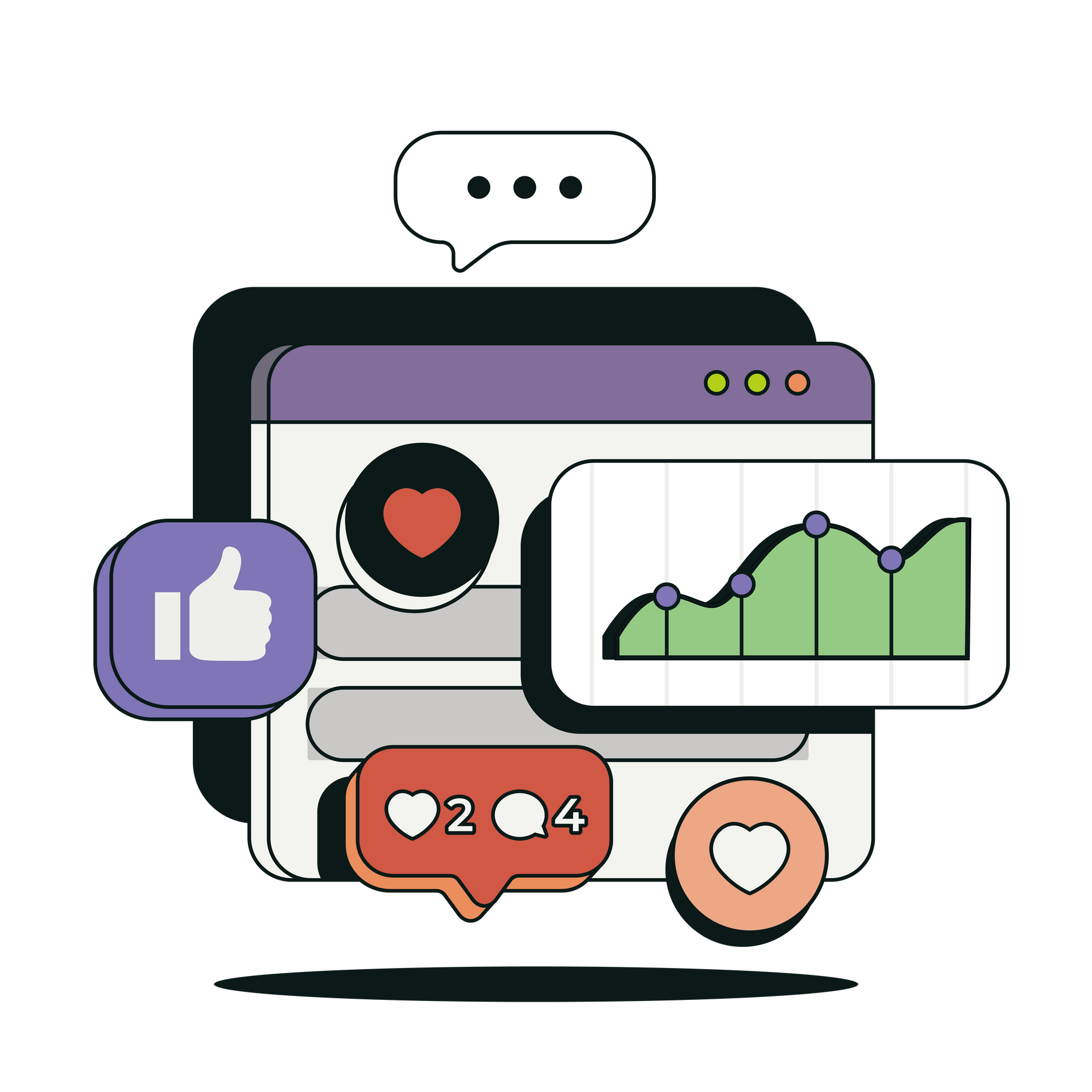 A cartoon illustration of a website with a thumbs up , heart , and graph.