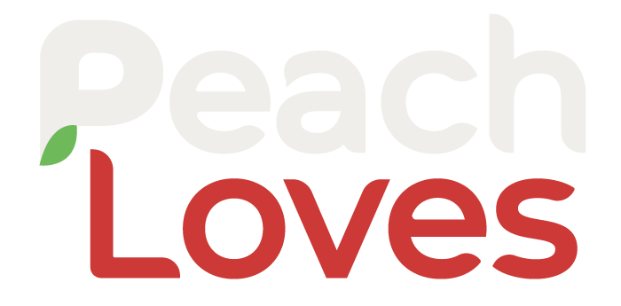 The logo for peach loves is red and white with a green leaf.