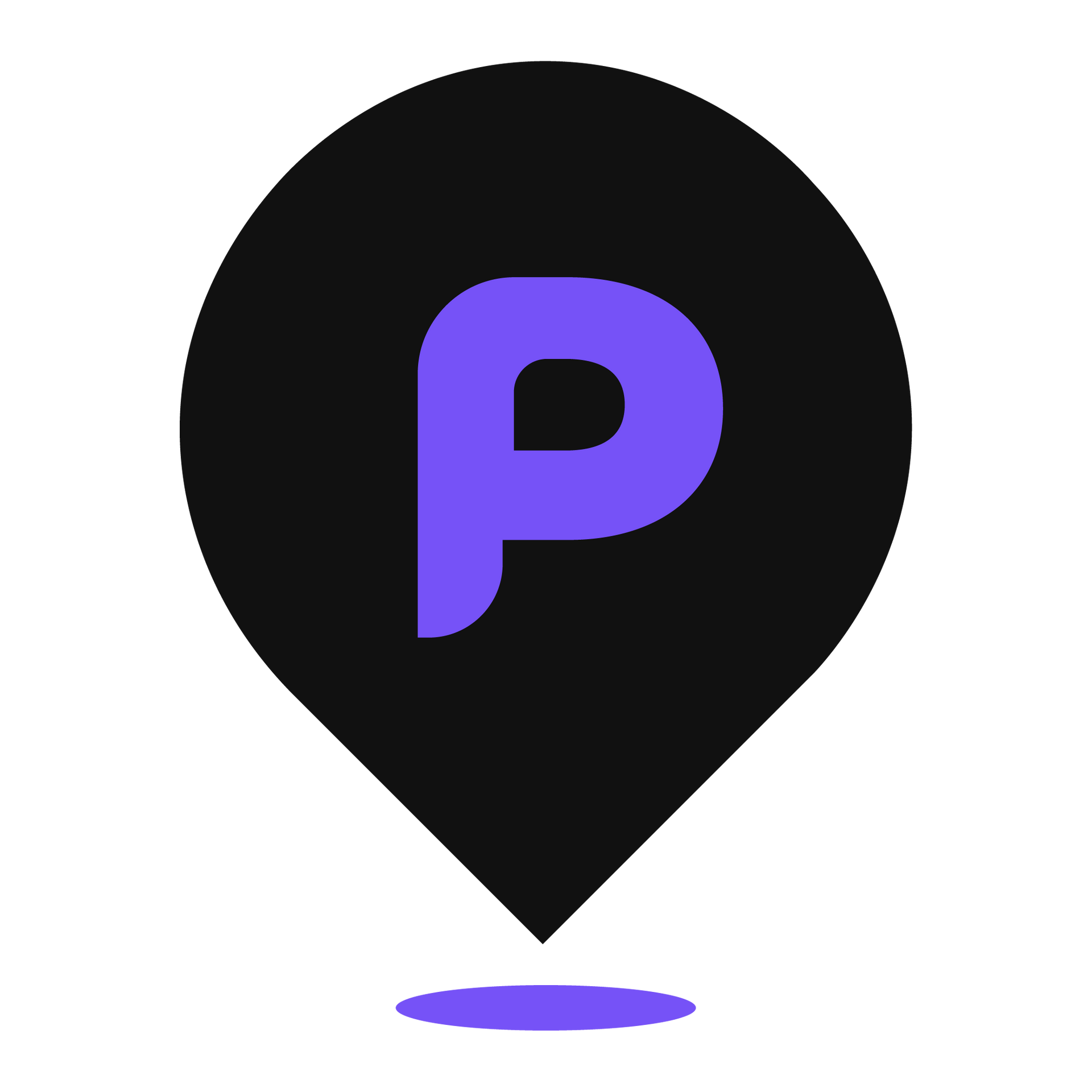 A black pin with a purple letter p on it.