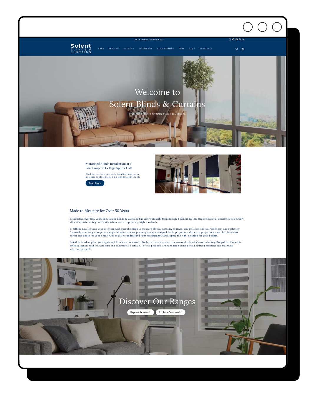 A screenshot of a website showing a living room with a couch and shutters.