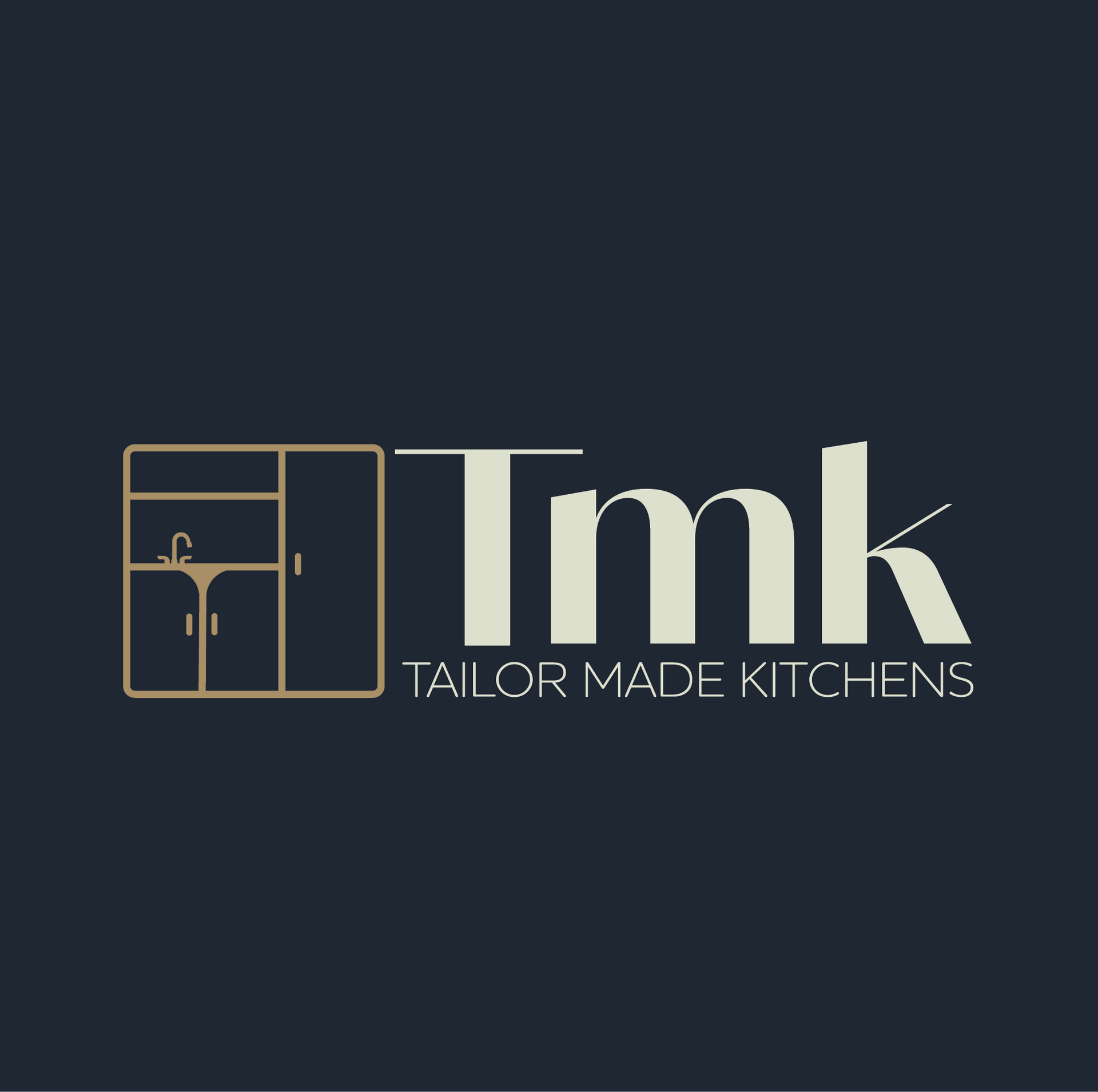 The logo for tmk tailor made kitchens is on a dark blue background.