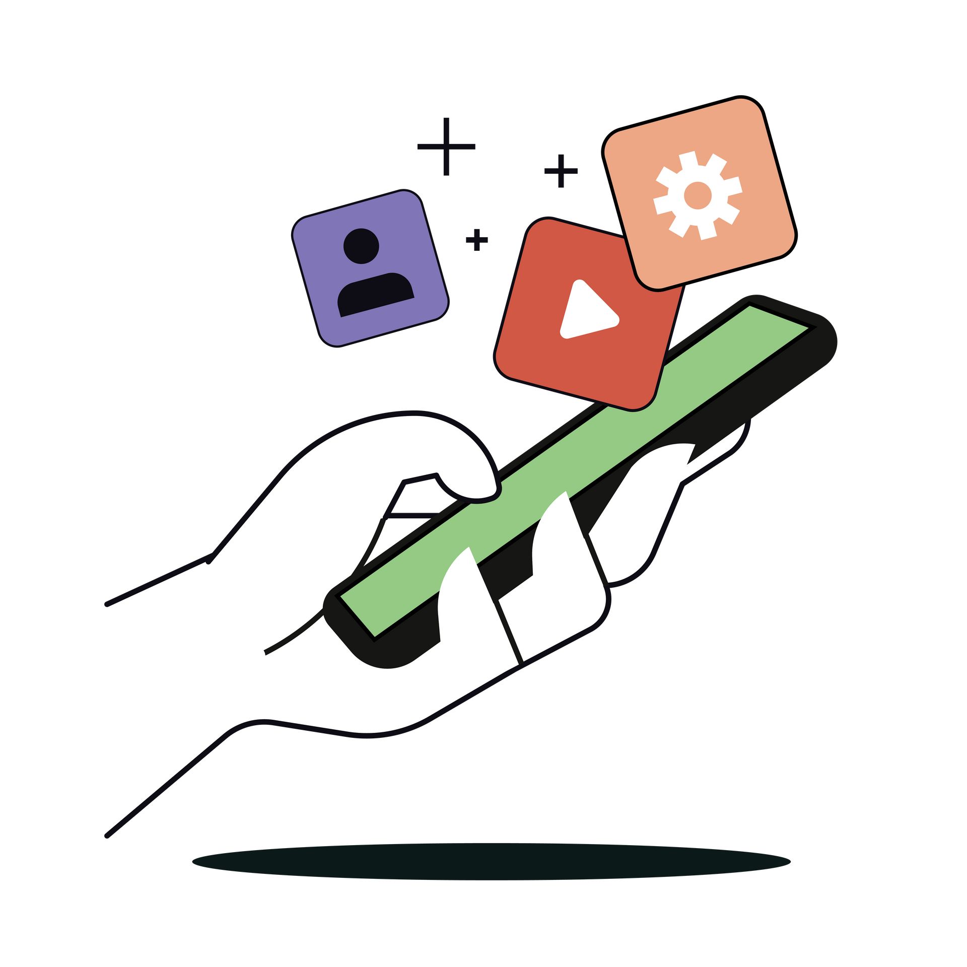 A hand is holding a cell phone with icons coming out of it.