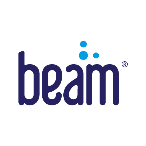 Logo for Beam, a company, with dark blue text and light blue bubbles.