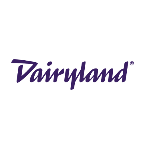 Dairyland logo, purple cursive text on white background.