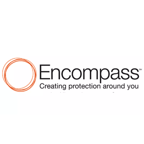 Encompass logo with orange circles, black text reads 