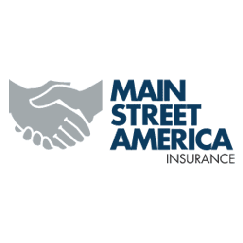 Logo for Main Street America Insurance: gray handshake beside blue text.
