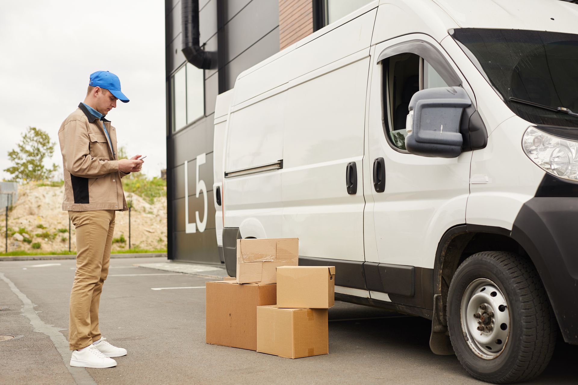 Delivery person near a van, with boxes. He is looking at a device. Gray and beige tones.