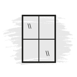 Black-framed window divided into four panes, with two angled light reflections.
