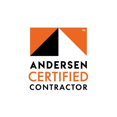 Logo for Andersen Certified Contractor: Square design with orange, black, and white sections and text