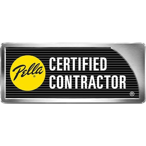 Pella Certified Contractor badge with yellow circle and company logo, on black background.