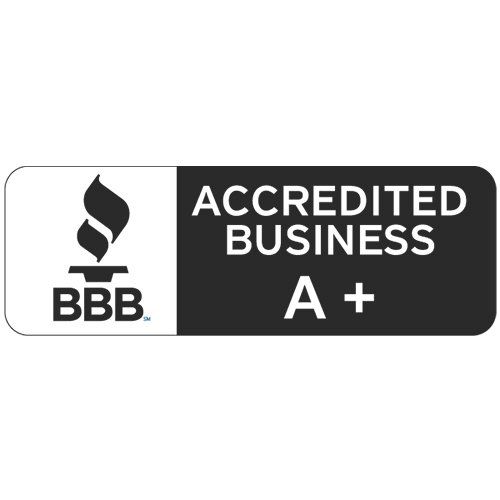 BBB Accredited Business seal: White logo with flame, black