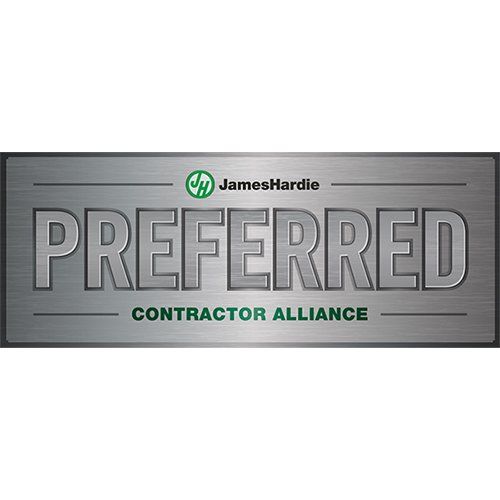 James Hardie Preferred Contractor Alliance badge with brushed metal background.