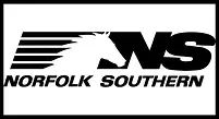 A black and white logo for norfolk southern with a horse on it.