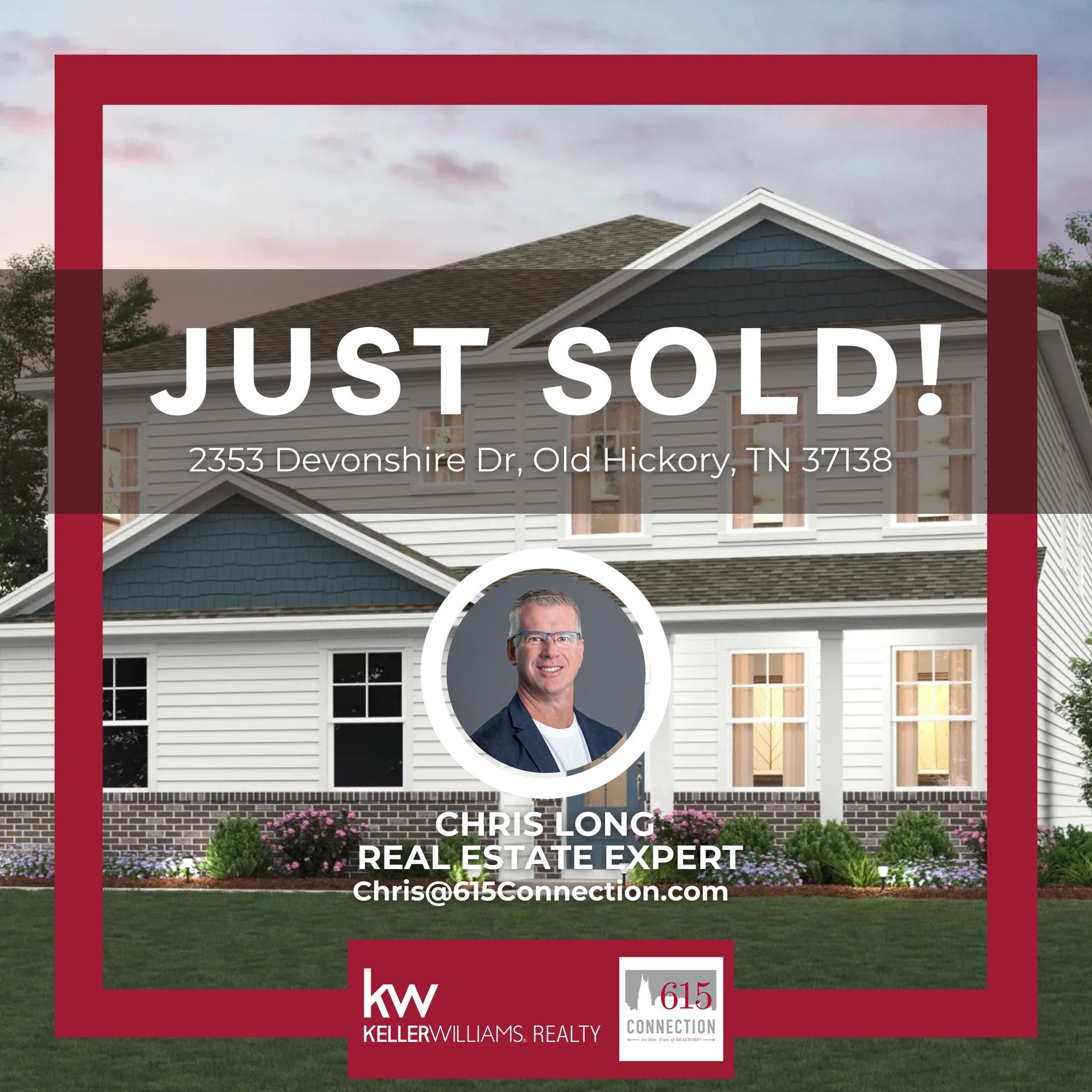 Just sold real estate sign for 2353 Devonshire Dr, Old Hickory, TN 37138 with house photo and agent branding