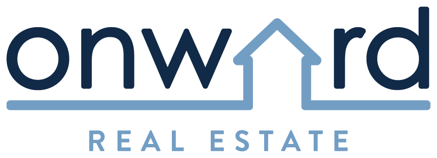 Onward Real Estate logo with blue text and a house-shaped arrow icon above the wordmark