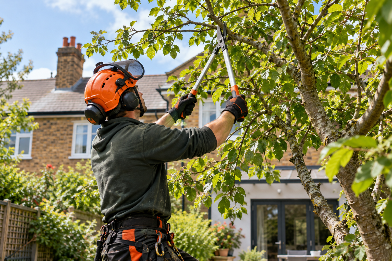 Professional tree surgeon trimming tree branches in a residential garden