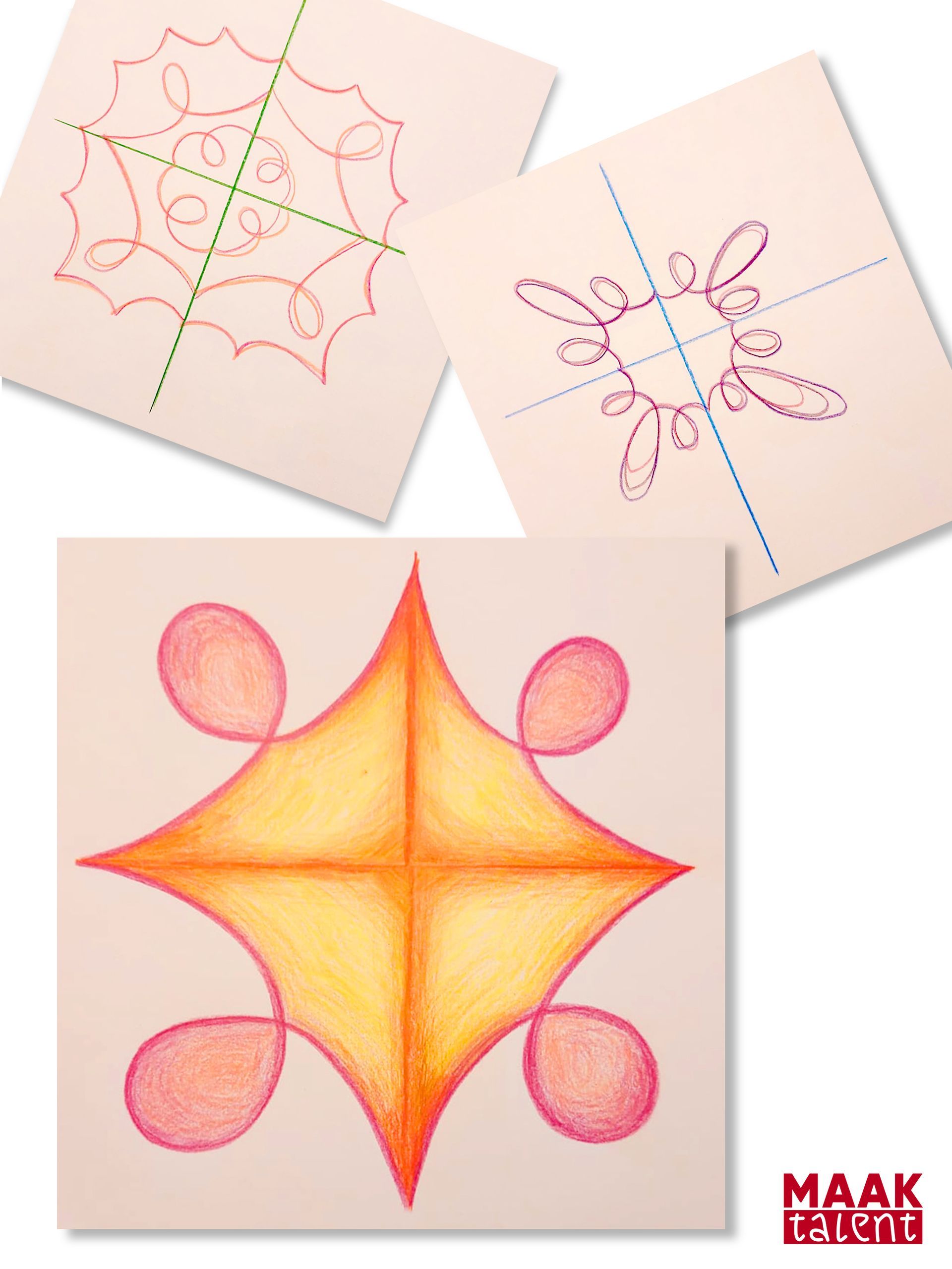 X- en Y-as tekeningen gemaakt door groep 5 met waskrijt op kleine vellen papier.