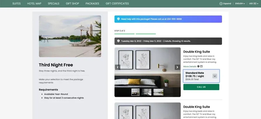 A screenshot of a website that says third night free