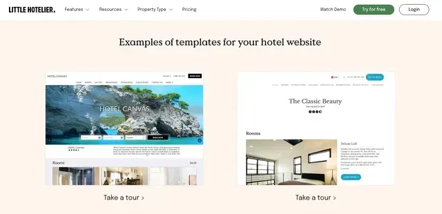 Página web que muestra ejemplos de plantillas de hoteles con dos vistas previas de sitios web con temática de viajes