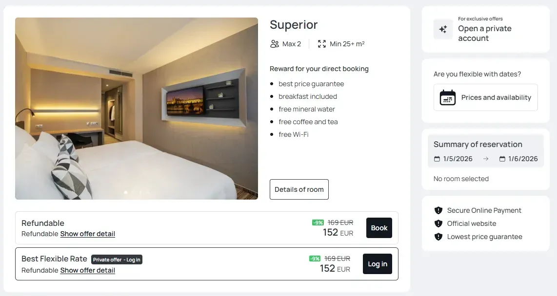Hotel room listing with bed, TV, and price options.