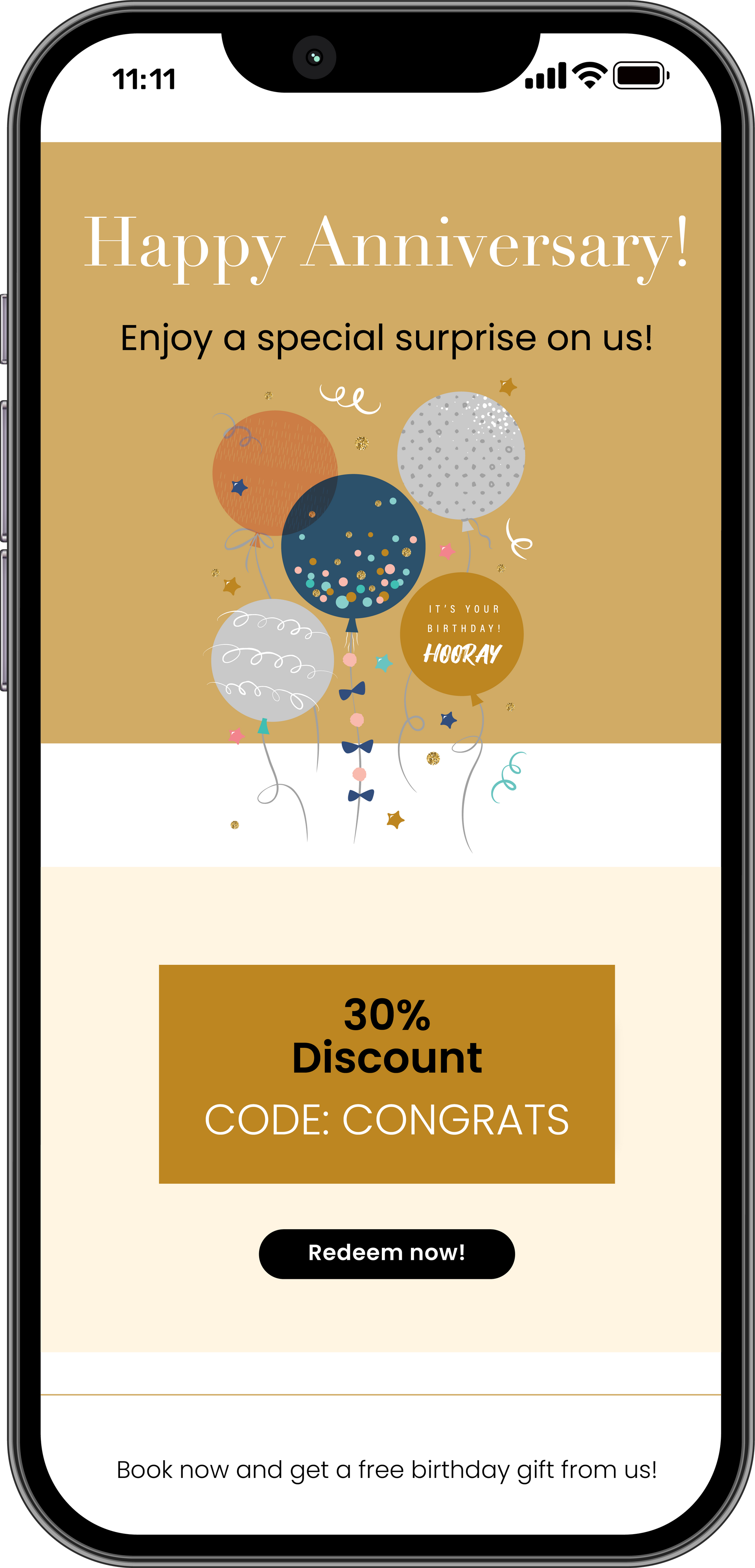 Un teléfono celular con un correo electrónico de feliz aniversario.