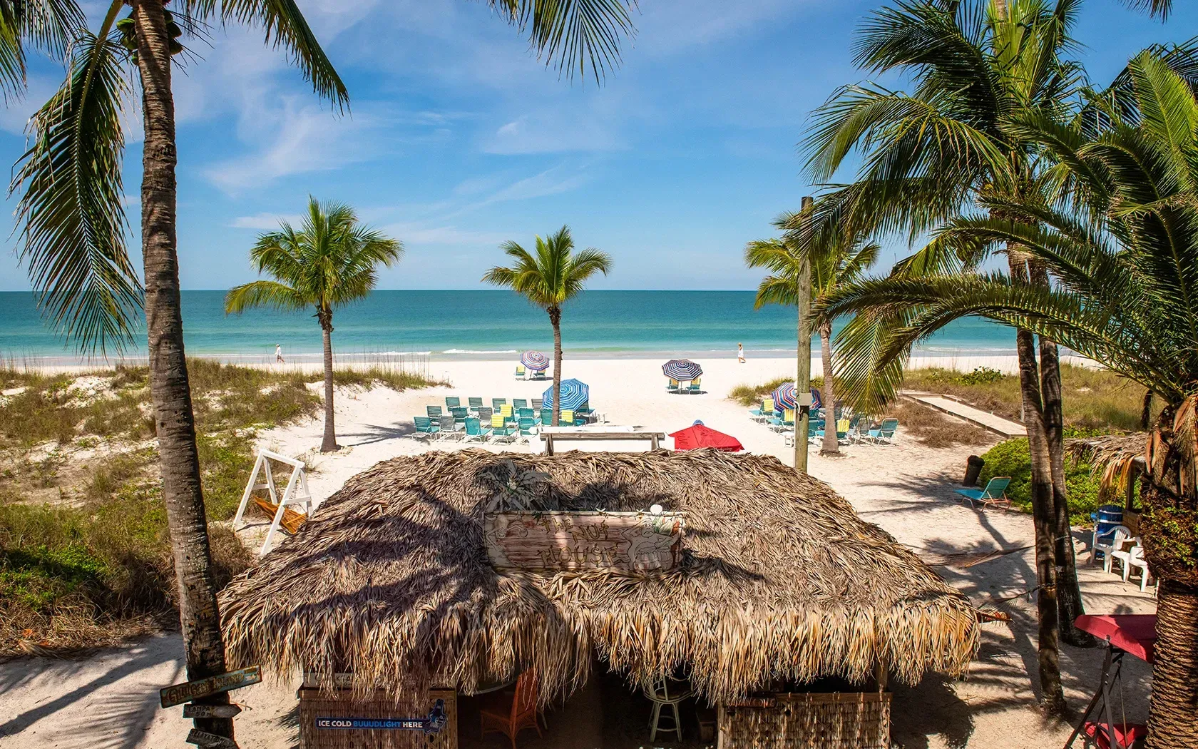 An aerial view of a thatched hut on a beach surrounded by palm trees.