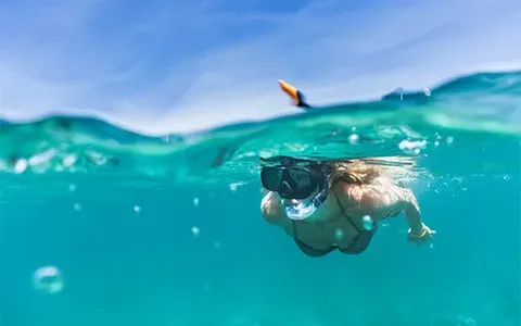 A woman is swimming in the ocean with a mask on.