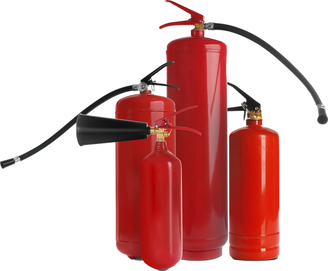 Red fire extinguishers of various sizes, with black hoses and nozzles, arranged together.