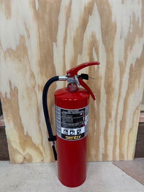 Red fire extinguisher against a wood background.