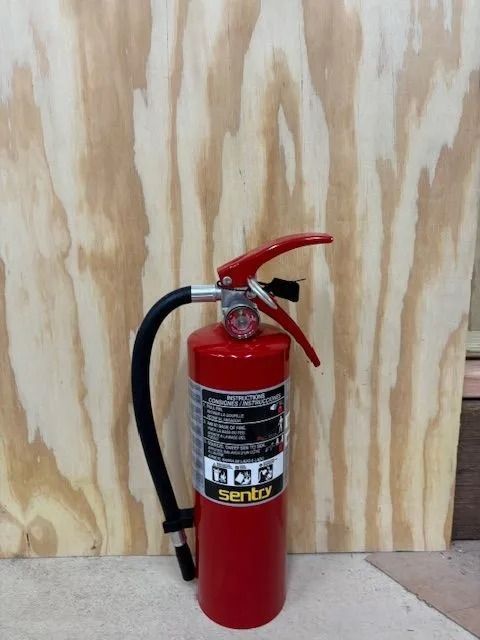 Red fire extinguisher on a light-colored wood background.