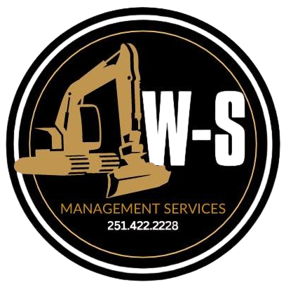 W-S Management Services logo with gold excavator on black circle and phone number 251.422.2228