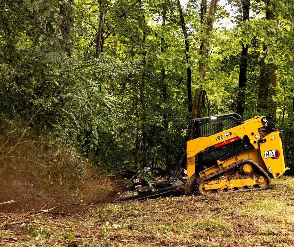 Yellow CAT skid steer clearing brush at the edge of a wooded area