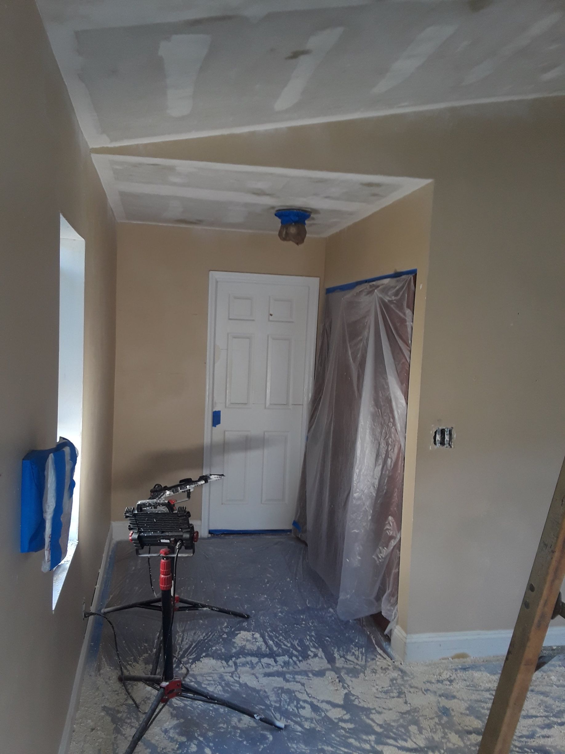 A room with a door and a ladder in it is being painted.