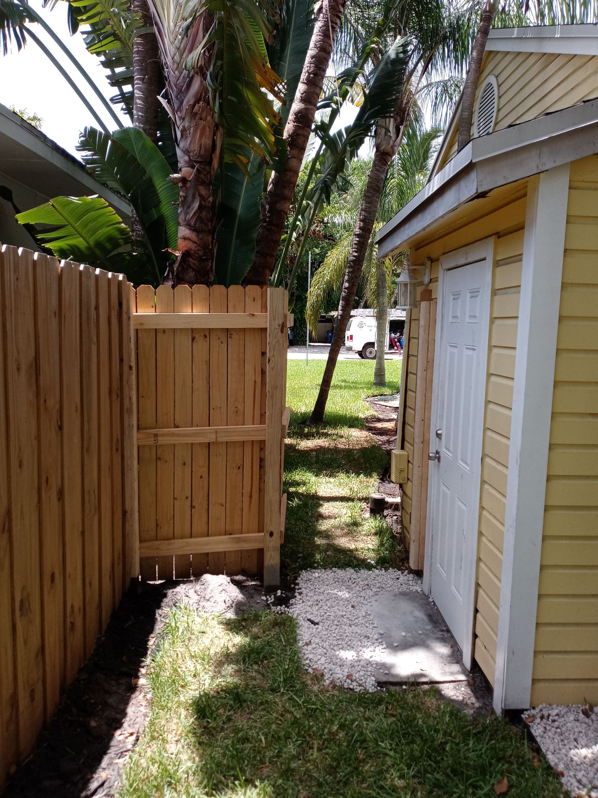 A wooden fence surrounds a shed in a backyard.