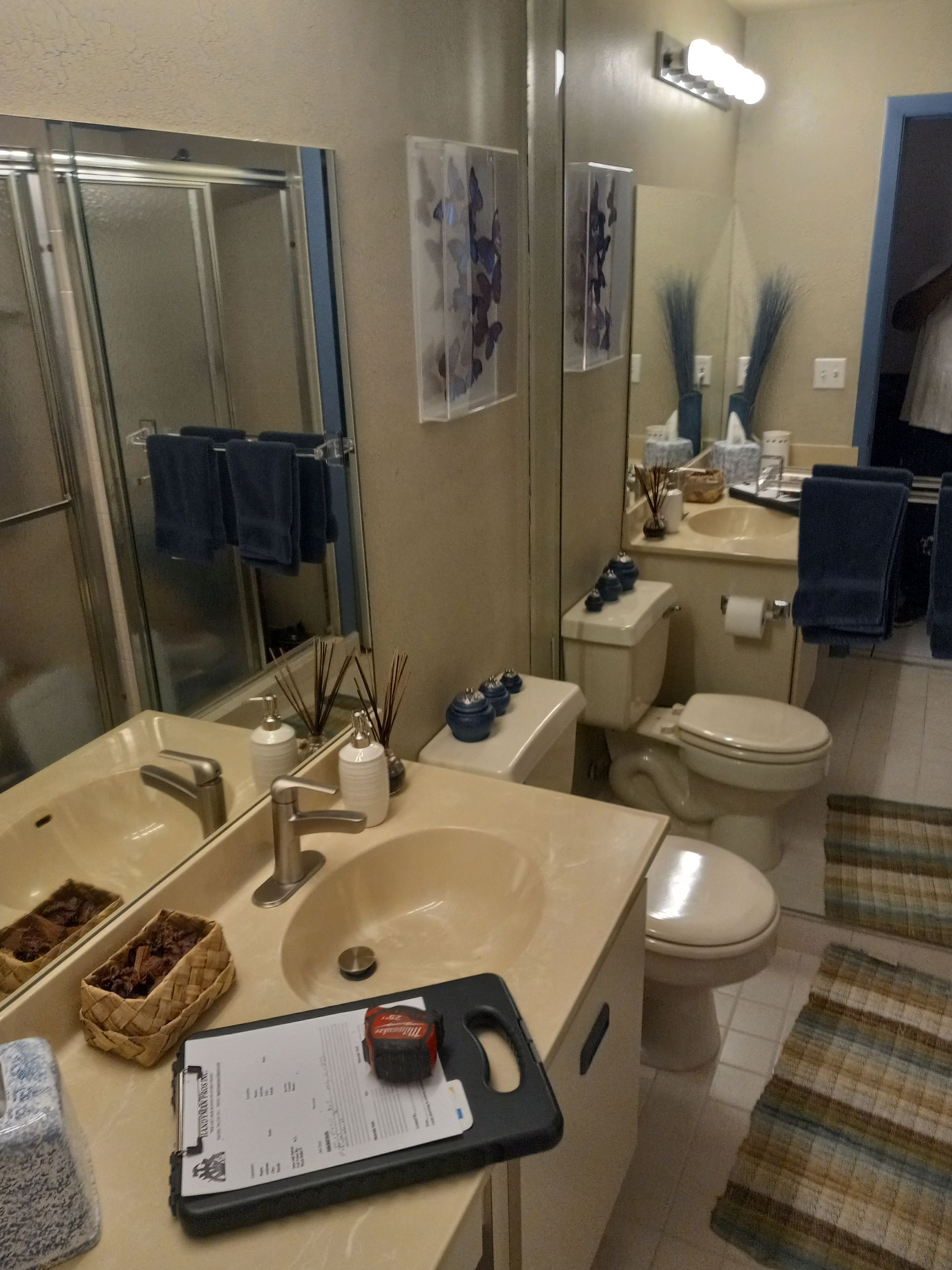 A bathroom with a sink a toilet and a mirror
