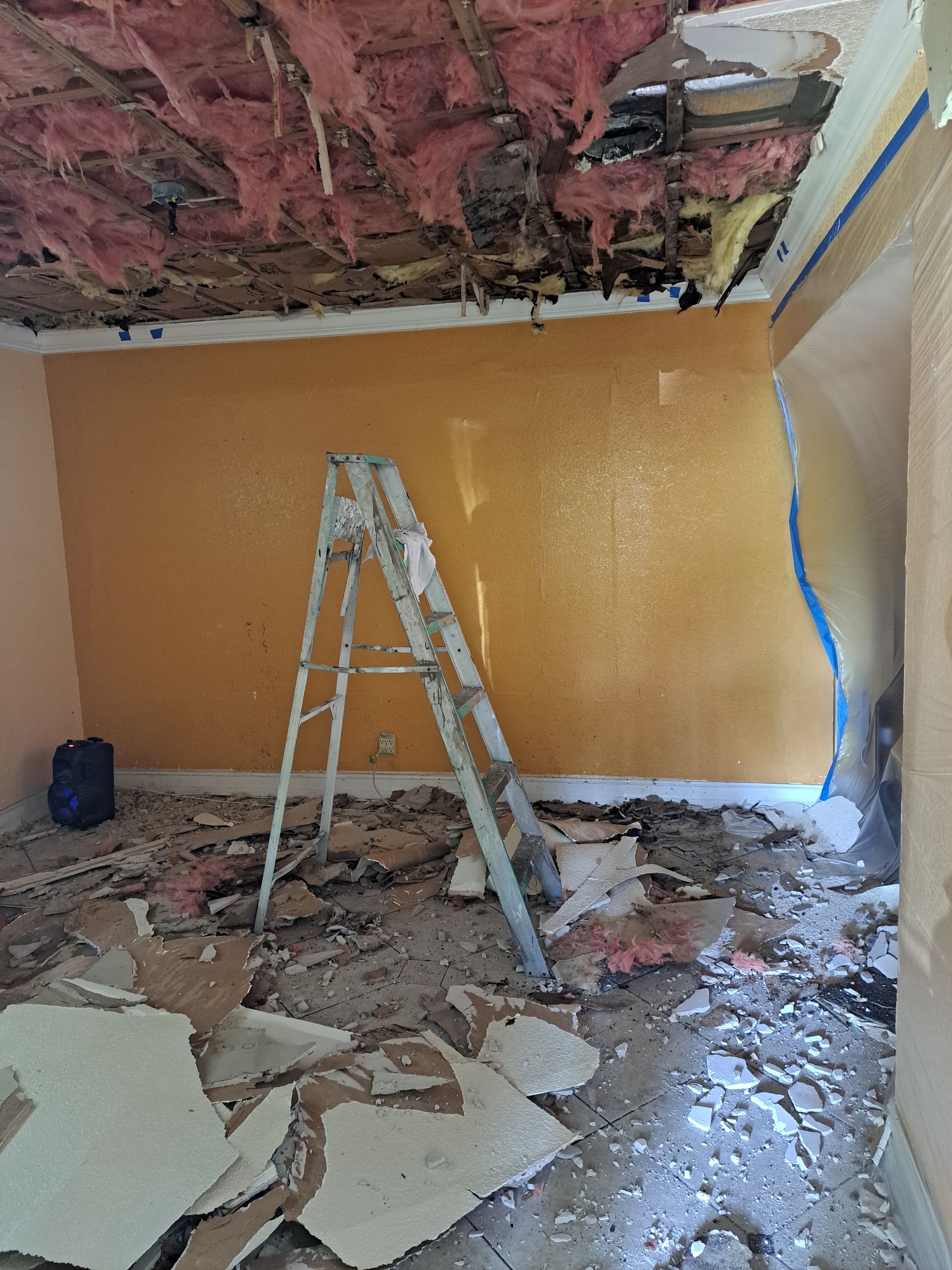 A ladder is sitting in the middle of a messy room.