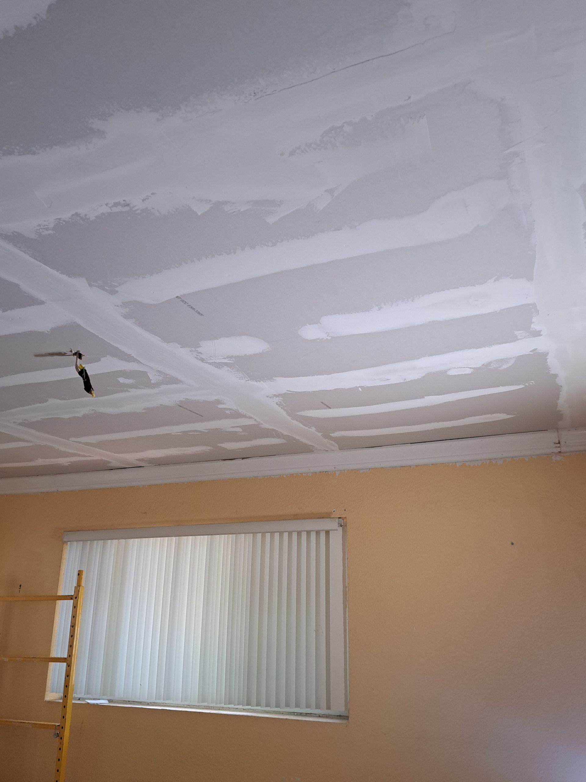 A room with a window and a ladder in it is being painted.