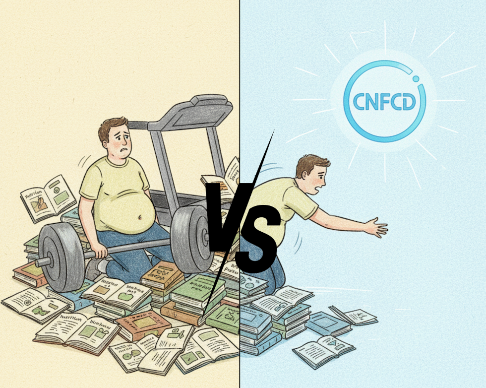 【CNFCD健康計畫 Day 15】有知識、有證照,為何也瘦不下來?揭秘專業人士的「代謝困境」-在我們的 CNFCD 社群中,有許多資深教練、健康管理師,他們擁有最高的專業證照,深知飲食和運動的原理,但他們卻也面臨體重與內臟脂肪失控的窘境。為什麼會這樣?