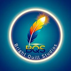 Logo for Bright Quill Studios: Colorful feather with the initials 