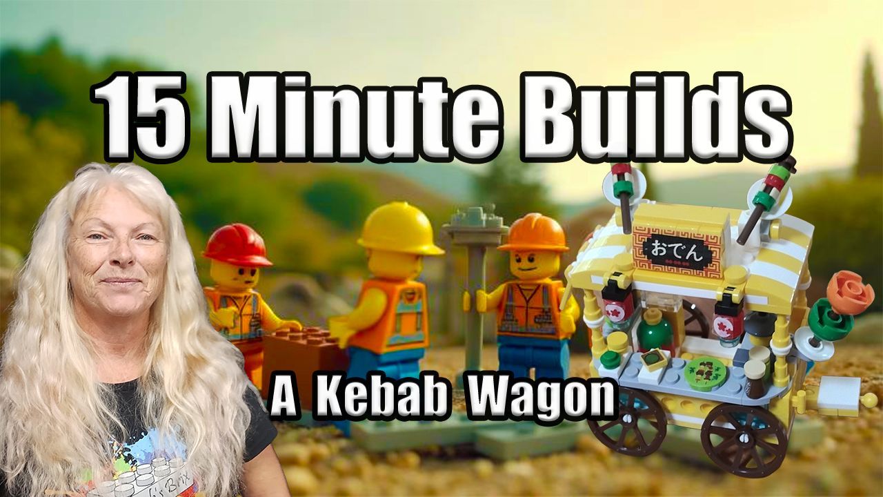 Woman next to LEGO kebab wagon and construction worker minifigures. The video is titled 