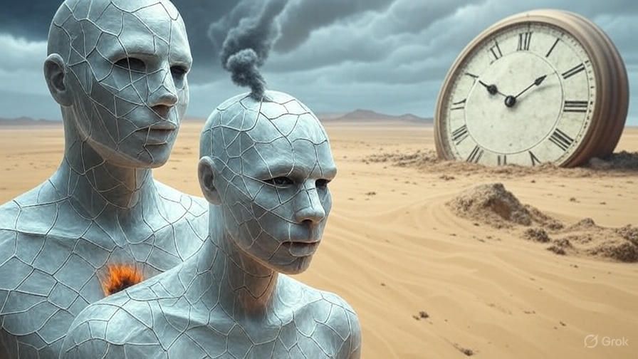Two wire-mesh figures in desert, one smoking. A large clock sinks in sand, stormy sky.