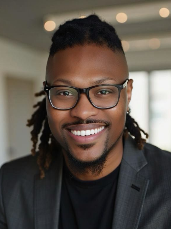 A man in a suit and tie is smiling with his hand on his chin.