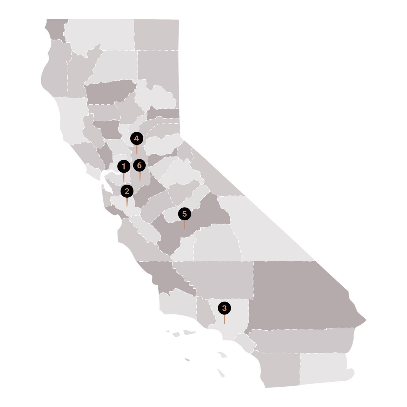 Map of the state of California with pins indicating where Project Sankofa programming is located.