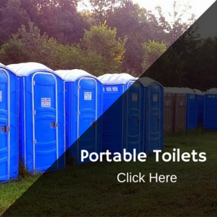 A row of blue portable toilets in an outdoor, grassy area with a diagonal overlay featuring the text 