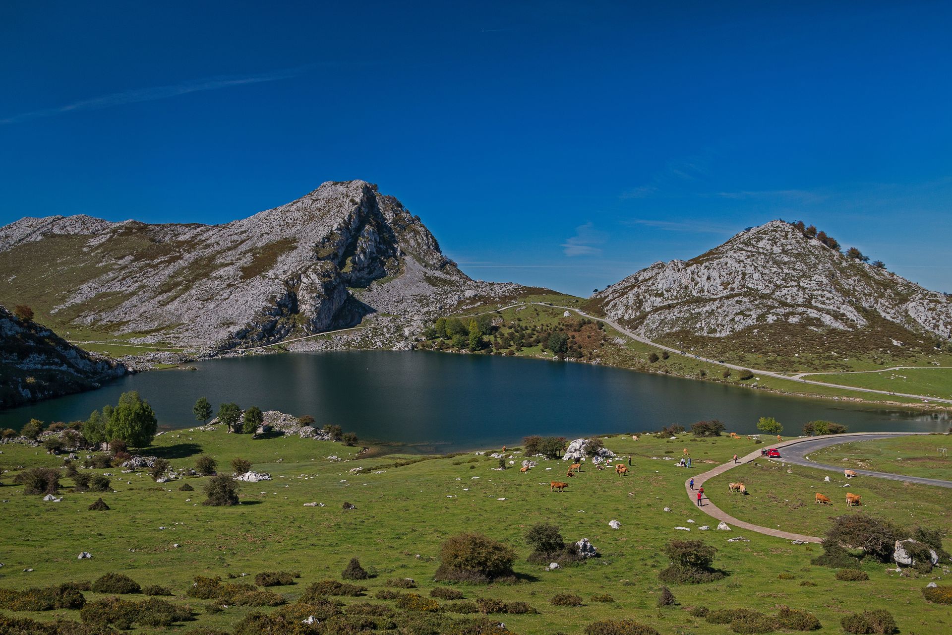 A lake in the middle of a grassy field with mountains in the background.