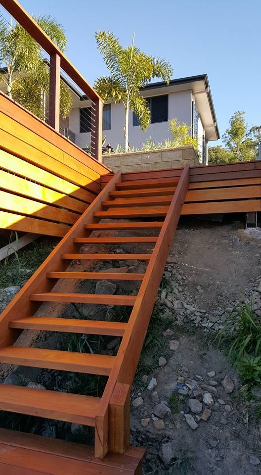 Wooden Stairs Attached To Deck — Red Dog Landscaping in Byron Bay, NSW