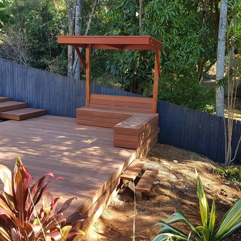 Wooden Deck With a Bench and a Canopy — Red Dog Landscaping in Byron Bay, NSW