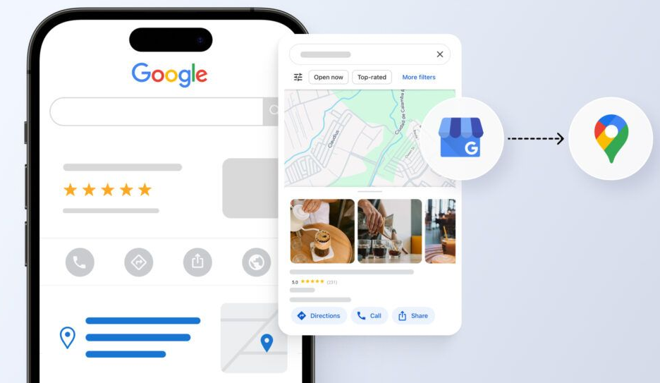 Smartphone with a Google search for a business, transitioning to a Google Maps location pin.